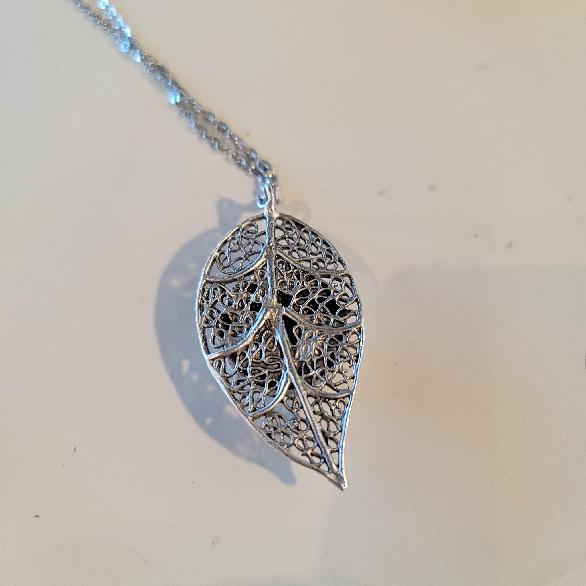 Leaf Filigree Pendant — Silver with Creamy White Stone (Handmade, One‑of‑a‑Kind)
