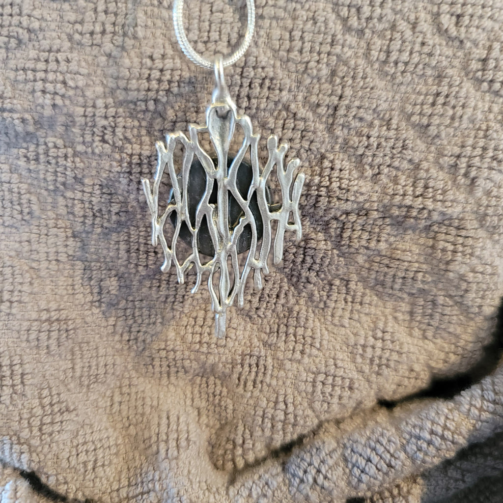 Abstract Floral Pendant — Silver with Red and White Accents (Handmade, One‑of‑a‑Kind)