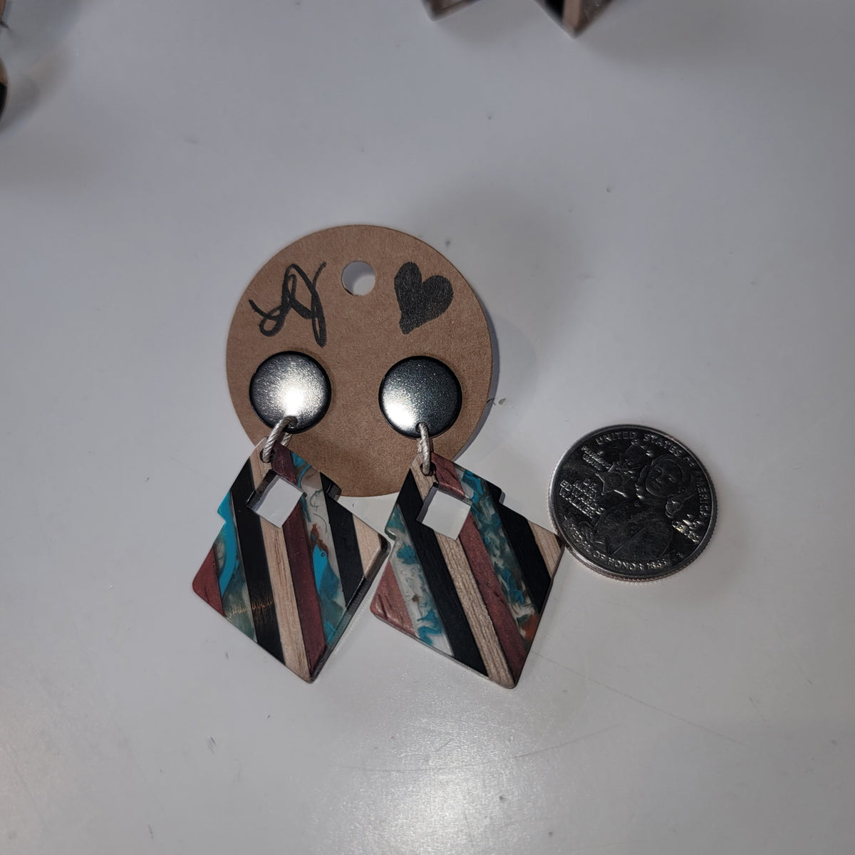 Dangle Earrings — Striped Wood/Resin, Diamond Shape