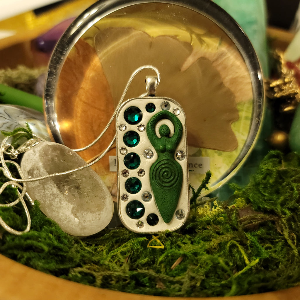 Goddess Pendant — Green with Emerald Rhinestones
