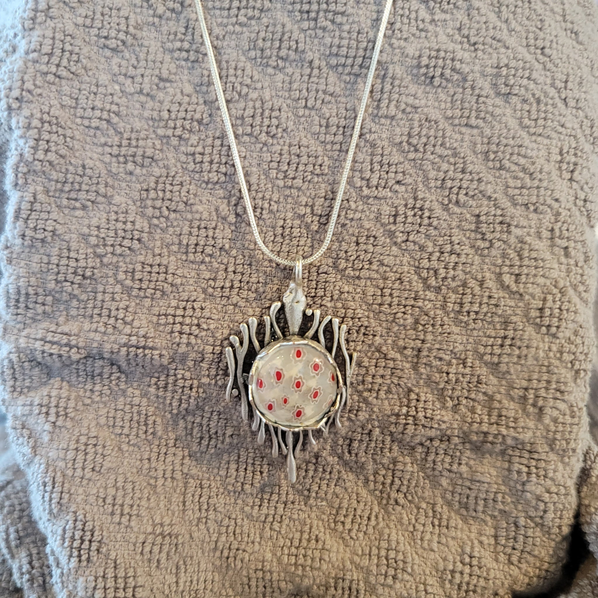 Abstract Floral Pendant — Silver with Red and White Accents (Handmade, One‑of‑a‑Kind)