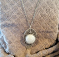 Leaf Filigree Pendant — Silver with Creamy White Stone (Handmade, One‑of‑a‑Kind)