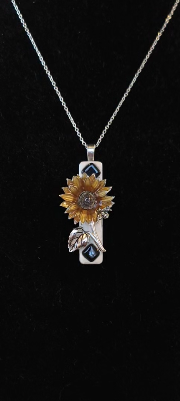 Sunflower Pendant — Silver with Black Accents (Handmade, One‑of‑a‑Kind)