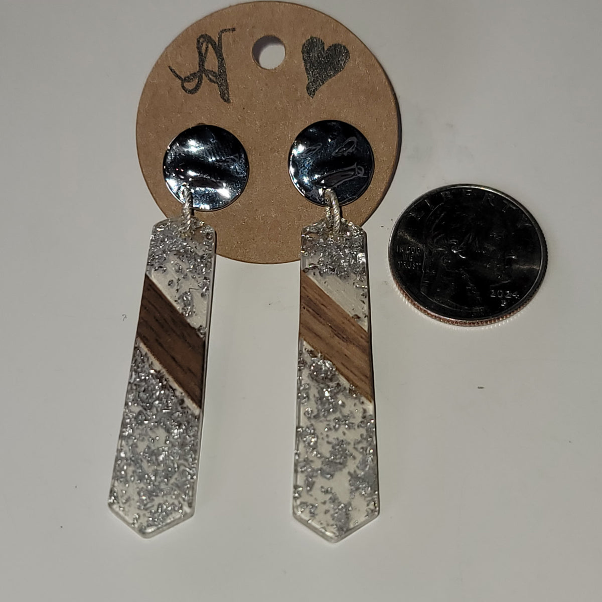 Long resin bar earrings with silver glitter and diagonal wood grain stripe, silver stud post