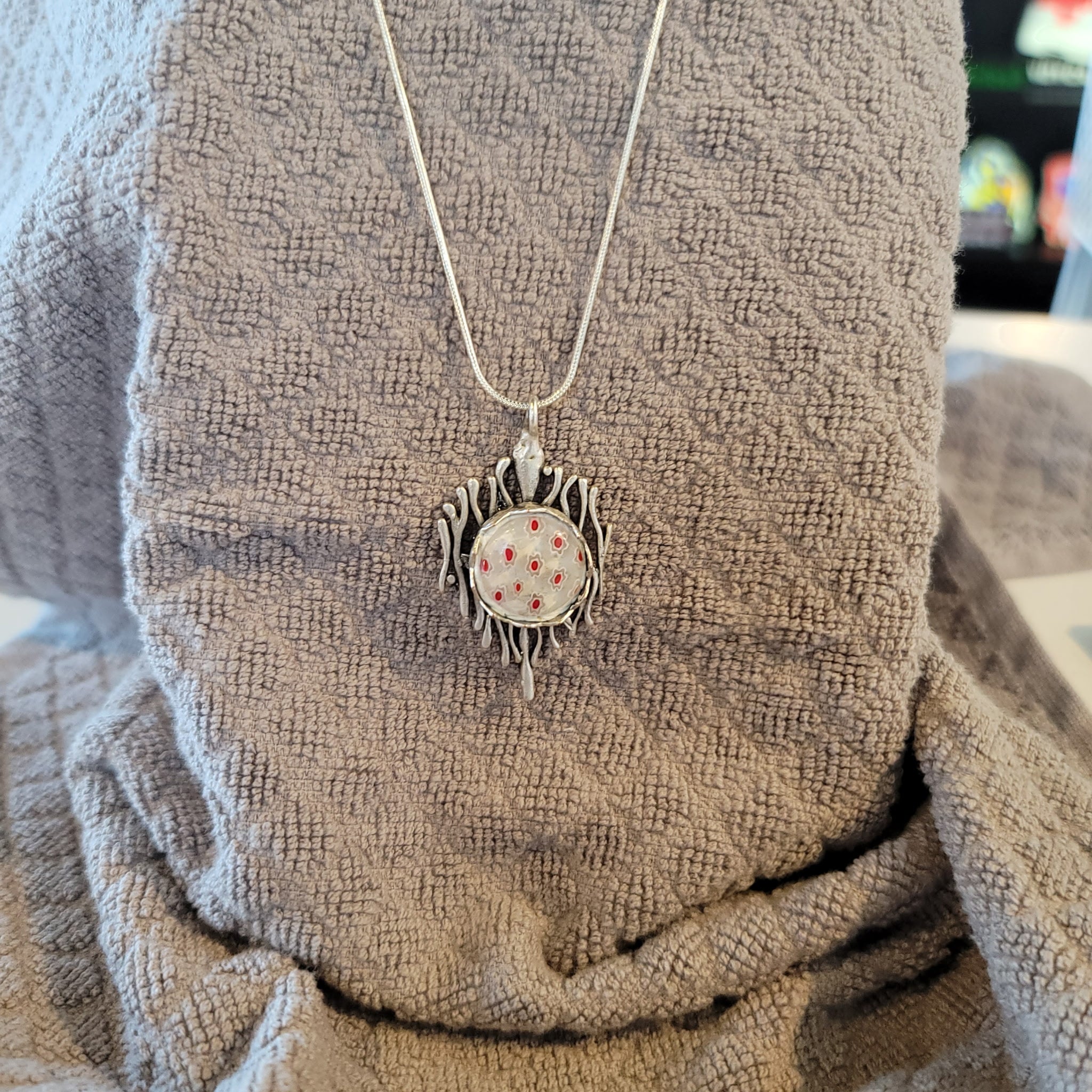 Abstract Floral Pendant — Silver with Red and White Accents (Handmade, One‑of‑a‑Kind)
