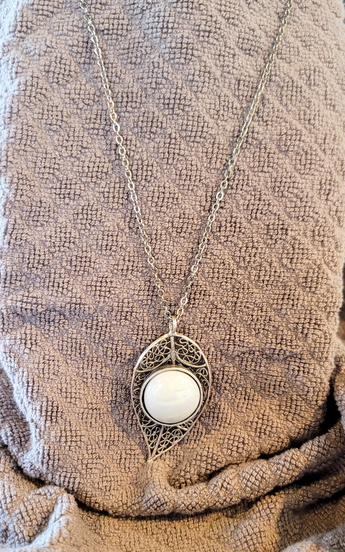 Leaf Filigree Pendant — Silver with Creamy White Stone (Handmade, One‑of‑a‑Kind)